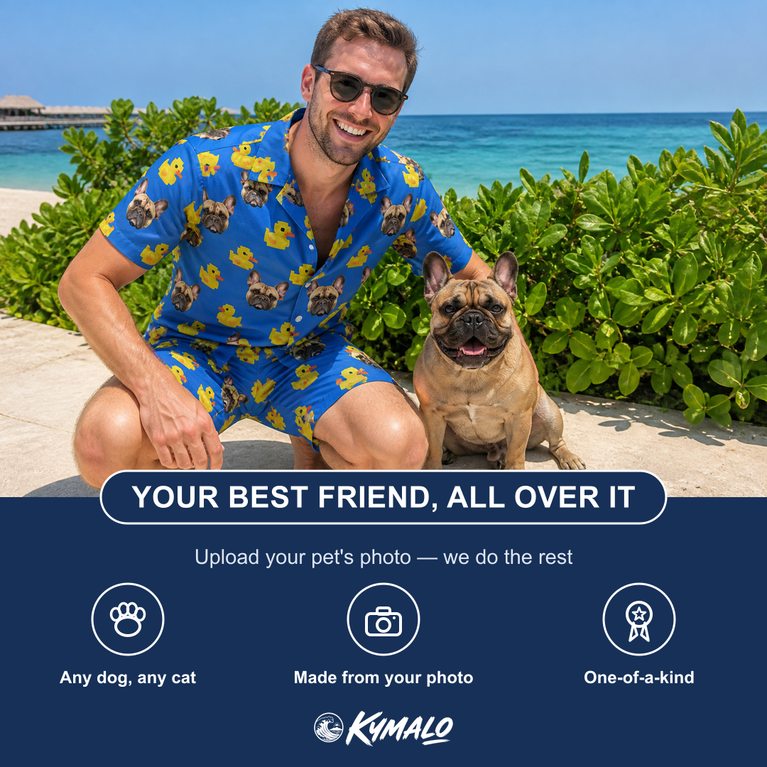 Friends in matching Men's Bark Bath Custom Dog Face Shirt & Shorts Set — a group gift photo