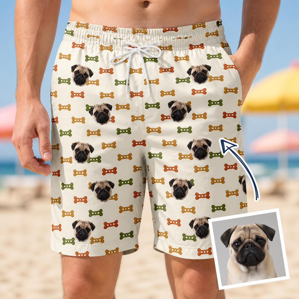 Man wearing Men's Snout Sweets Custom Dog Face Beach Shorts — custom faces printed all-over