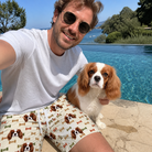 Selfie with the pet whose face is printed all over this Men's Snout Sweets Custom Dog Face Beach Shorts
