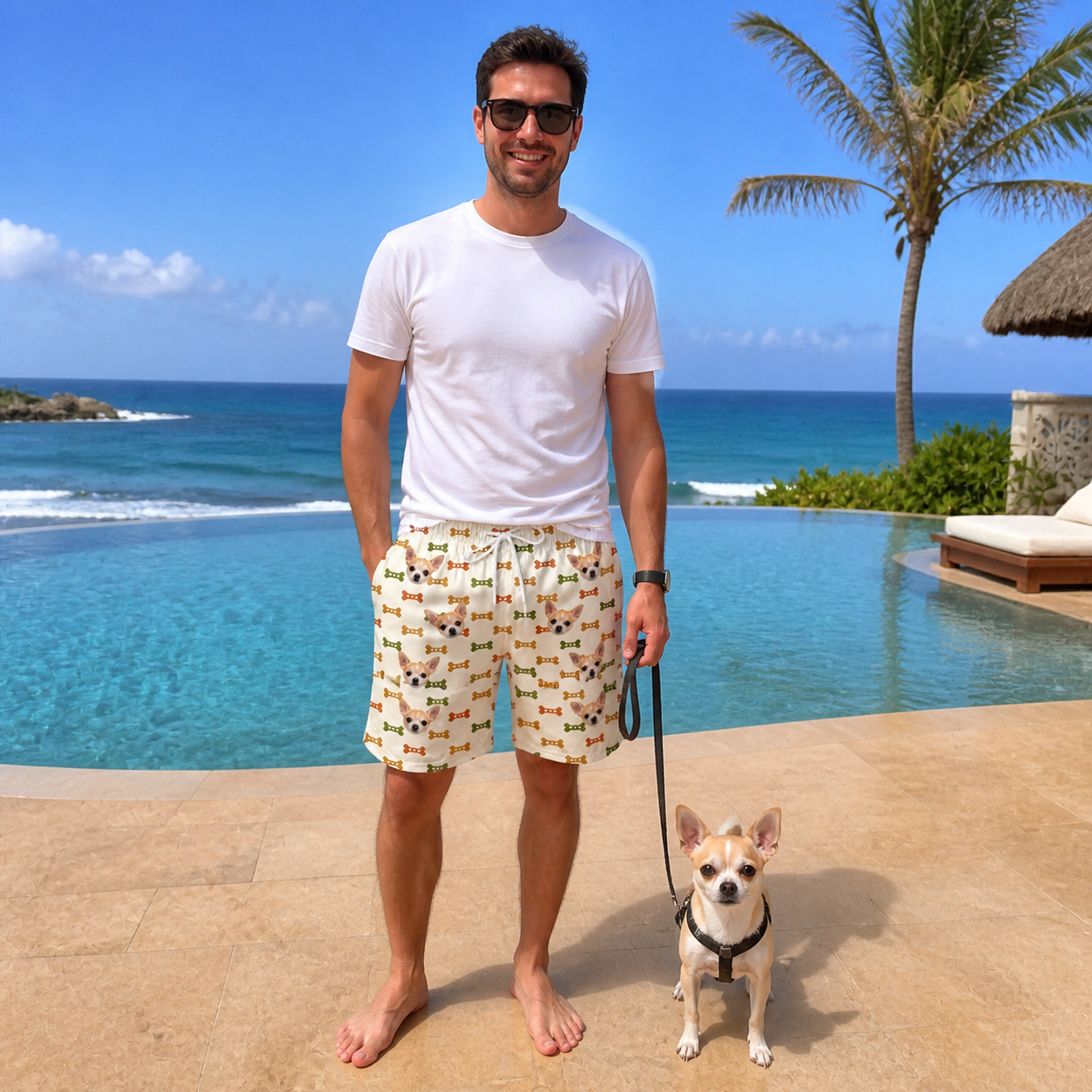 Full-length photo with the pet printed all over this Men's Snout Sweets Custom Dog Face Beach Shorts