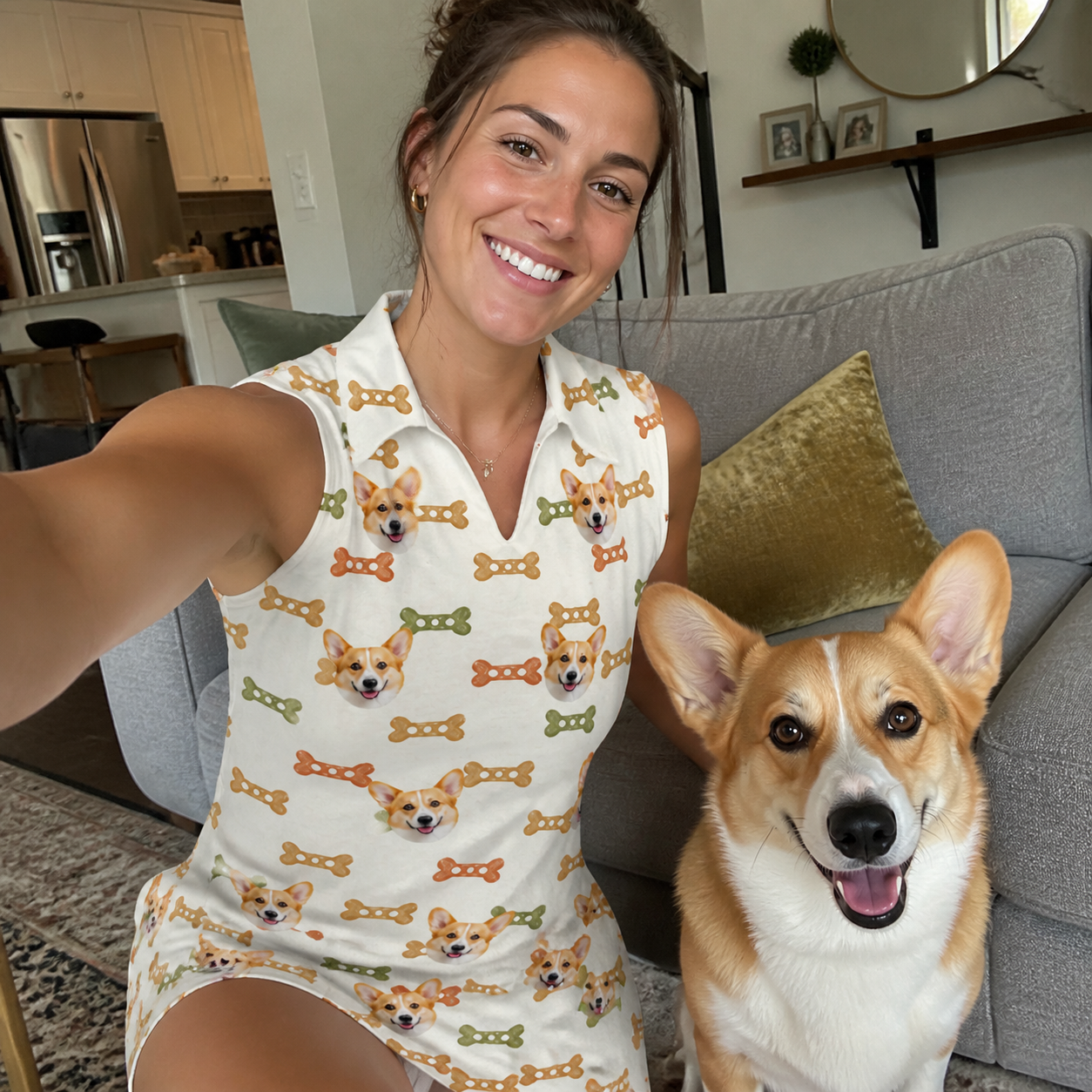Selfie with the pet whose face is printed all over this Women's Snout Sweets Custom Dog Face V-Neck Dress