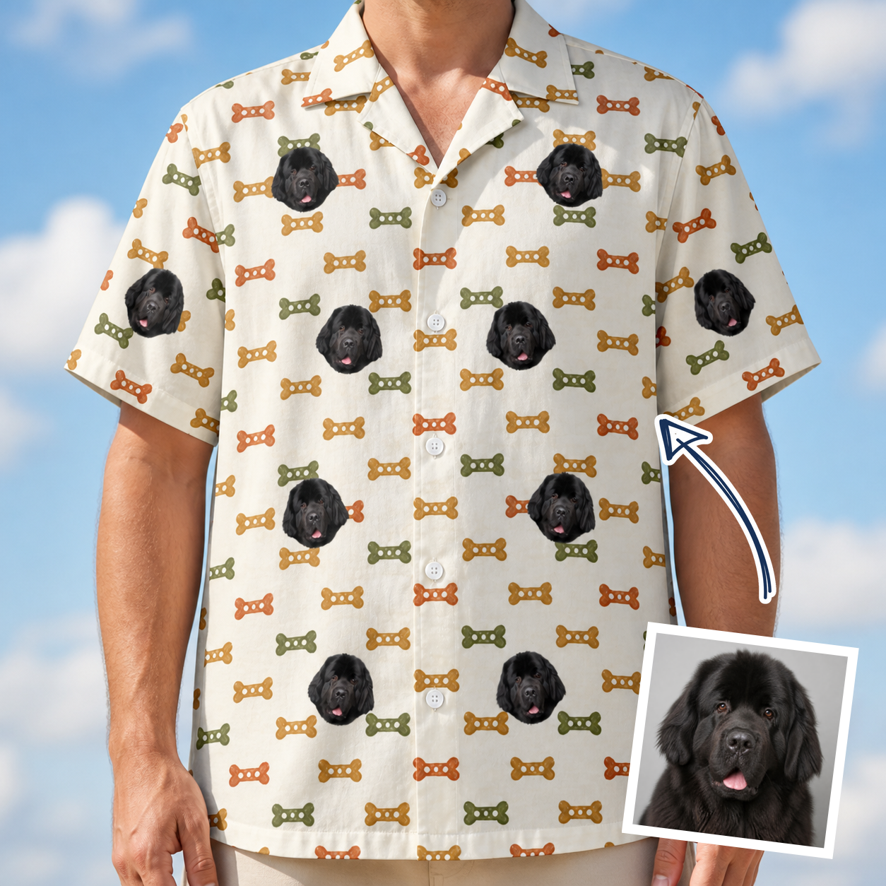 Man wearing Men's Snout Sweets Custom Dog Face Hawaiian Shirt — custom faces printed all-over