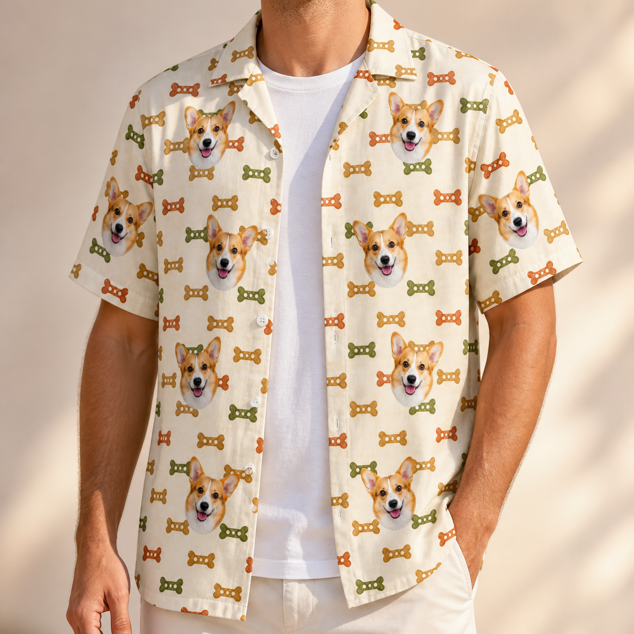 Man wearing Men's Snout Sweets Custom Dog Face Hawaiian Shirt open over a white tee