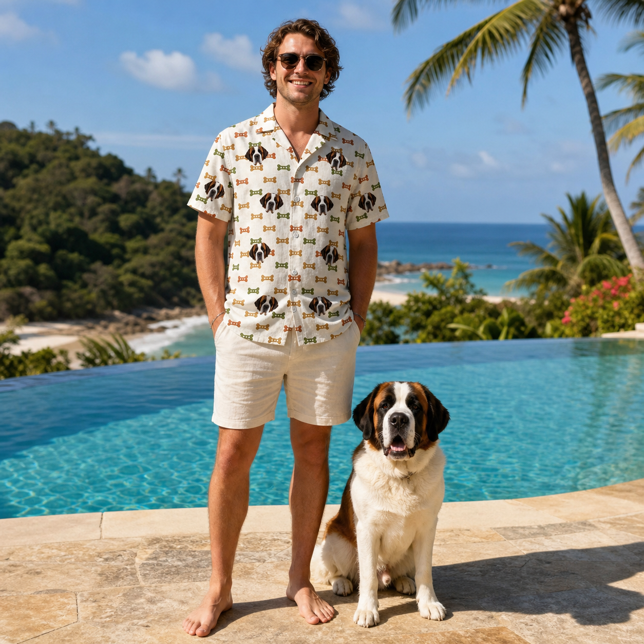 Full-length photo with the pet printed all over this Men's Snout Sweets Custom Dog Face Hawaiian Shirt