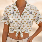 Woman wearing Women's Snout Sweets Custom Dog Face Hawaiian Shirt tied at the waist