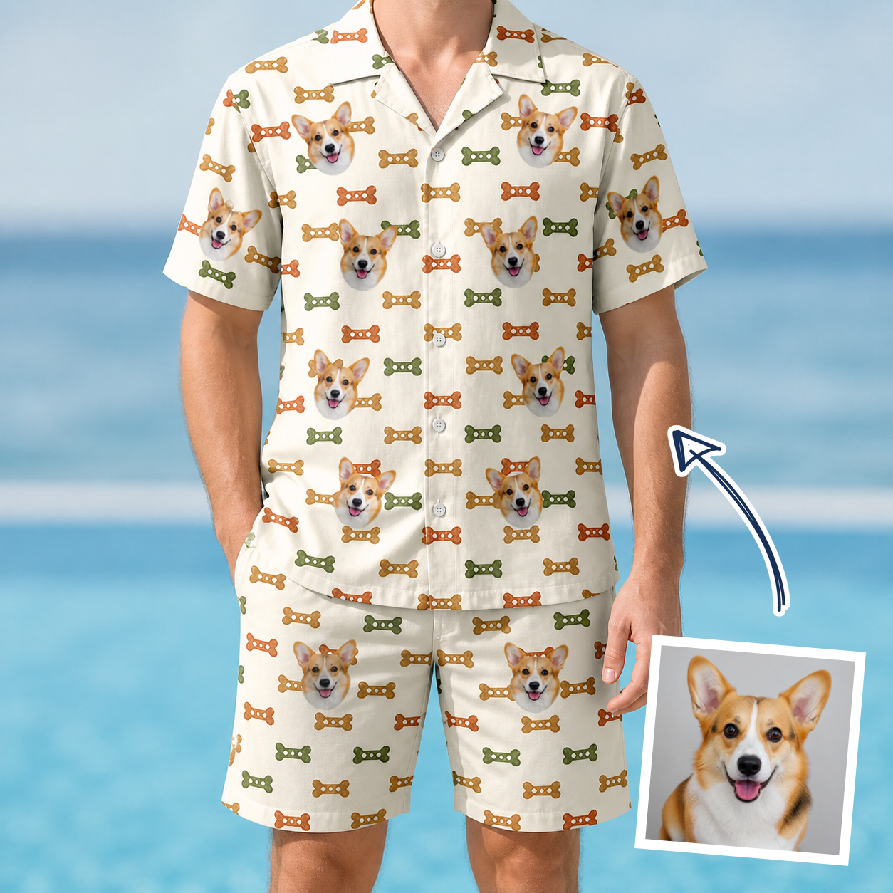 Man wearing Men's Snout Sweets Custom Dog Face Shirt & Shorts Set — custom faces printed all-over