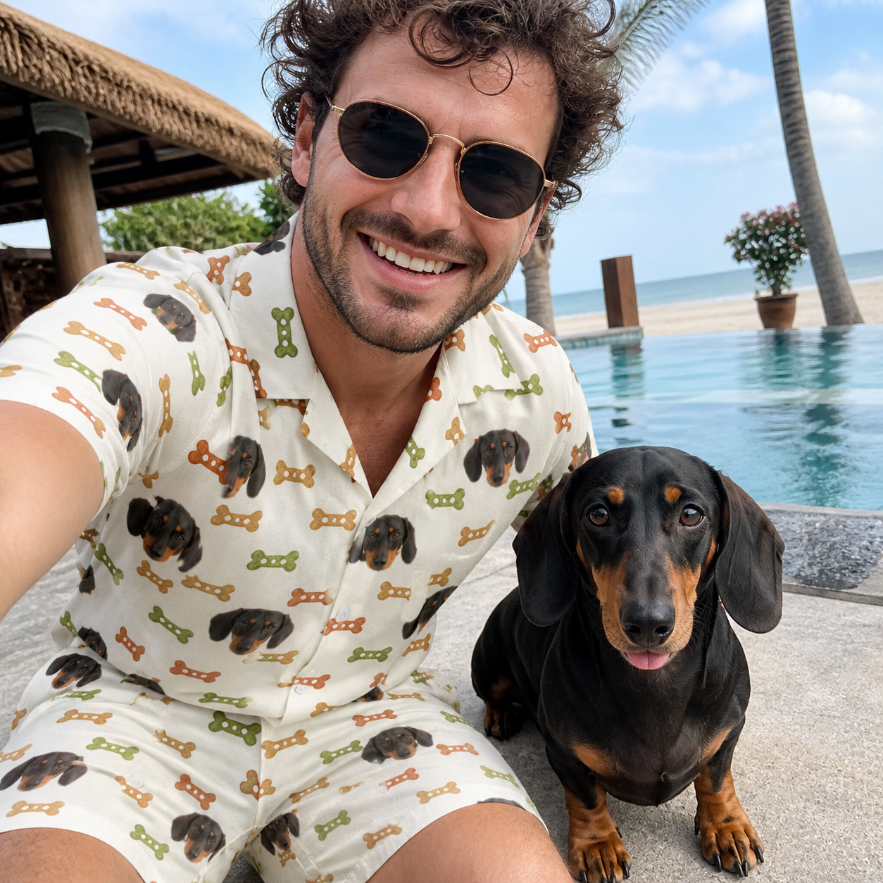 Selfie with the pet whose face is printed all over this Men's Snout Sweets Custom Dog Face Shirt & Shorts Set