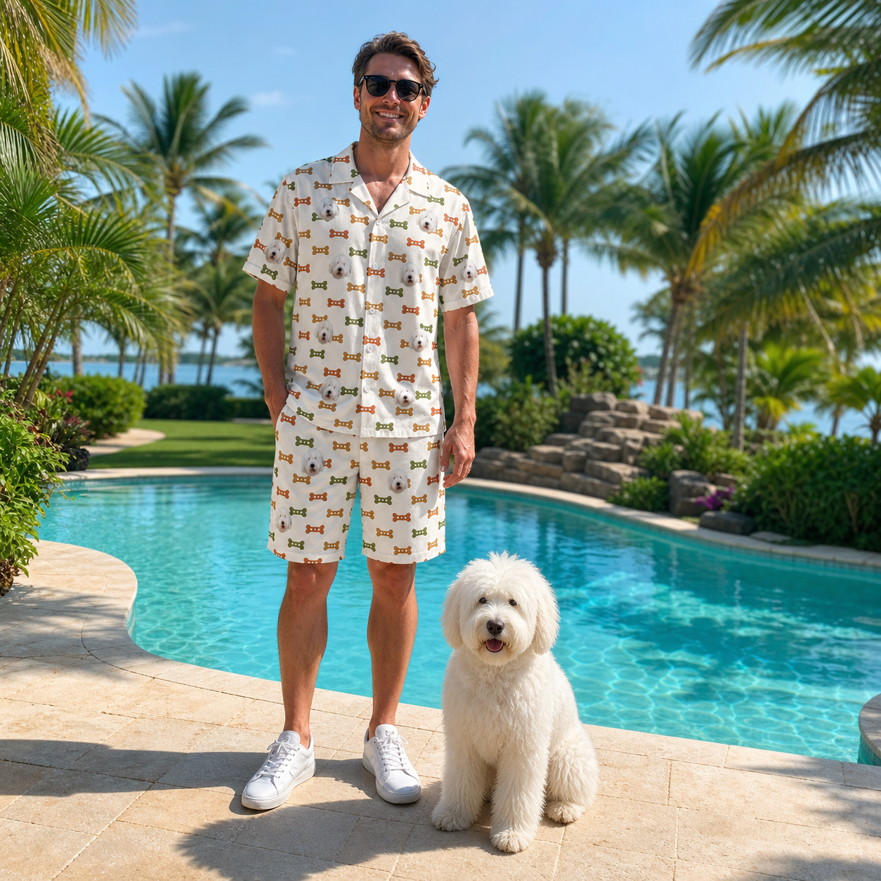 Full-length photo with the pet printed all over this Men's Snout Sweets Custom Dog Face Shirt & Shorts Set