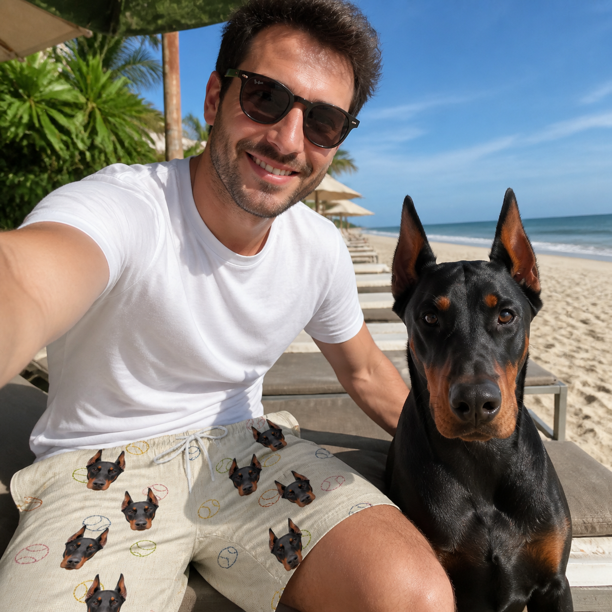 Selfie with the pet whose face is printed all over this Men's Rally Retrievers Custom Dog Face Beach Shorts