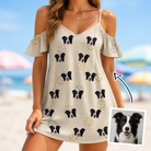 Woman wearing Women's Rally Retrievers Custom Dog Face Off-Shoulder Dress — custom faces printed all-over
