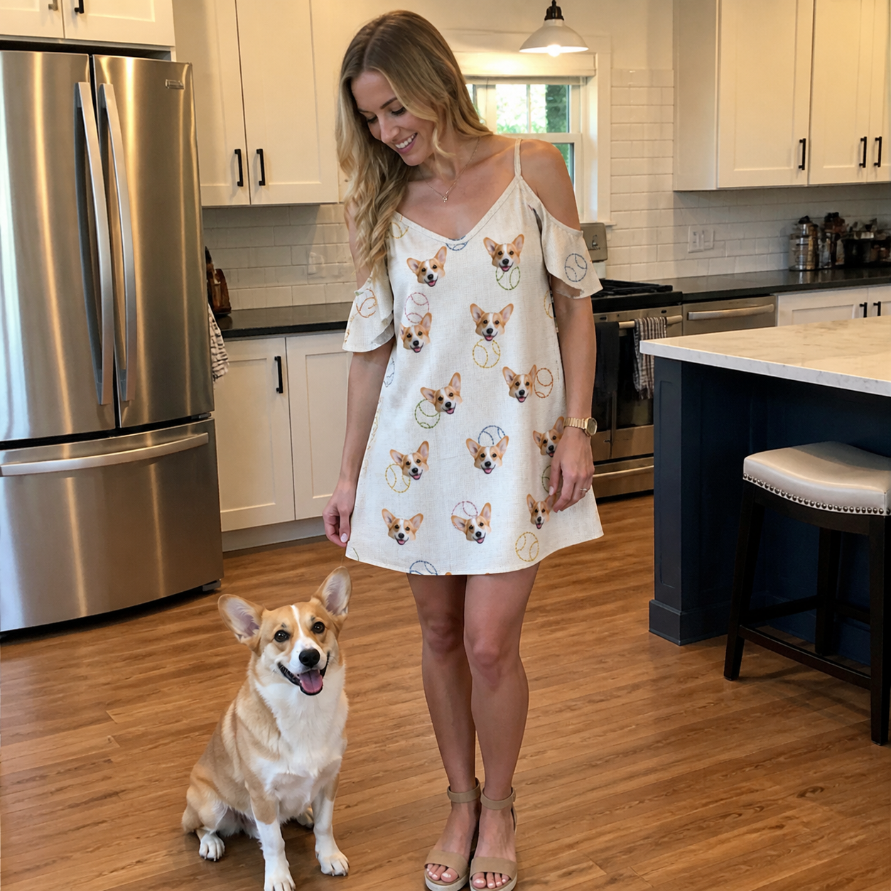 Full-length photo with the pet printed all over this Women's Rally Retrievers Custom Dog Face Off-Shoulder Dress