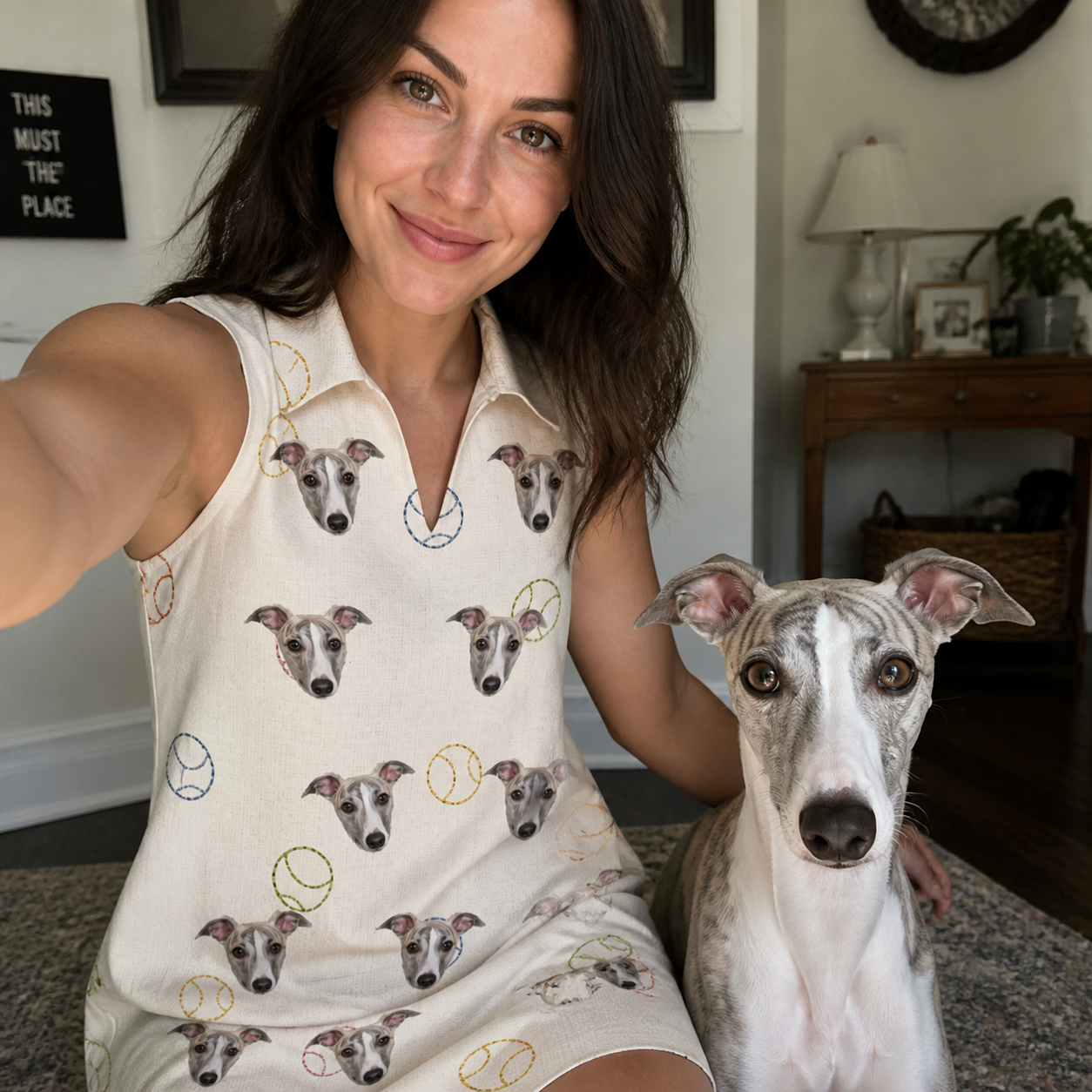 Selfie with the pet whose face is printed all over this Women's Rally Retrievers Custom Dog Face V-Neck Dress