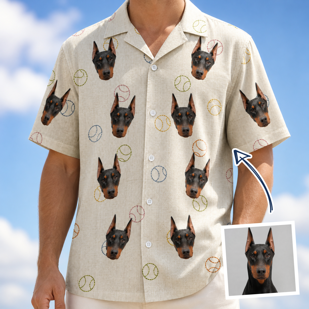 Man wearing Men's Rally Retrievers Custom Dog Face Hawaiian Shirt — custom faces printed all-over