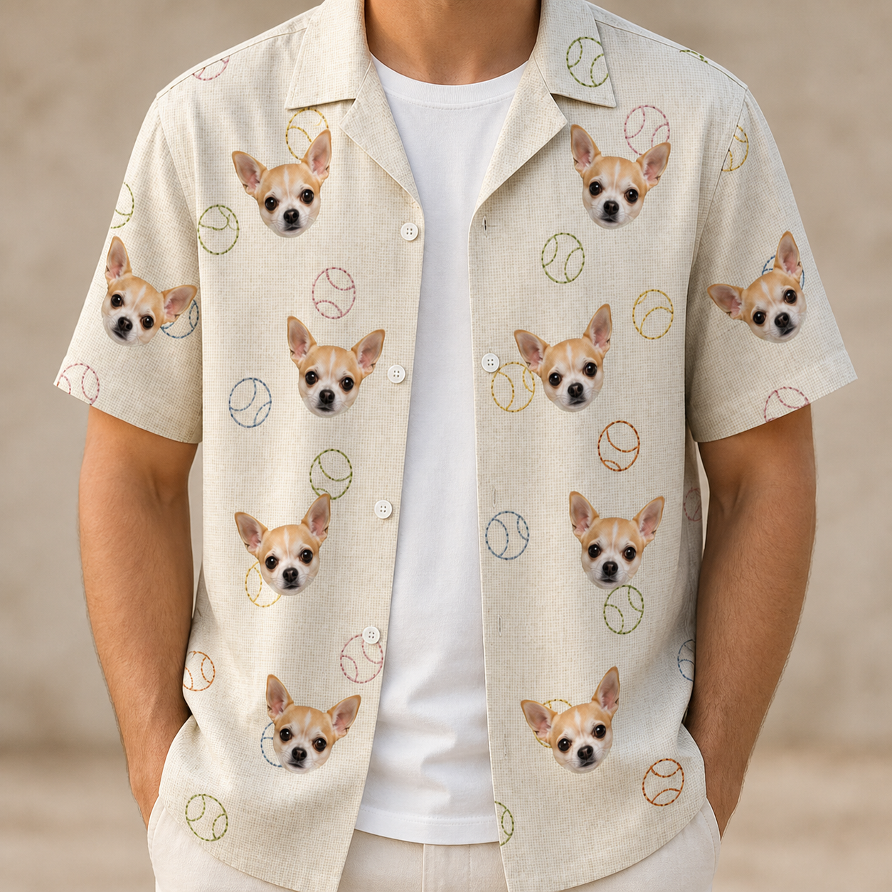 Man wearing Men's Rally Retrievers Custom Dog Face Hawaiian Shirt open over a white tee