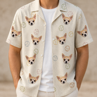 Man wearing Men's Rally Retrievers Custom Dog Face Hawaiian Shirt open over a white tee