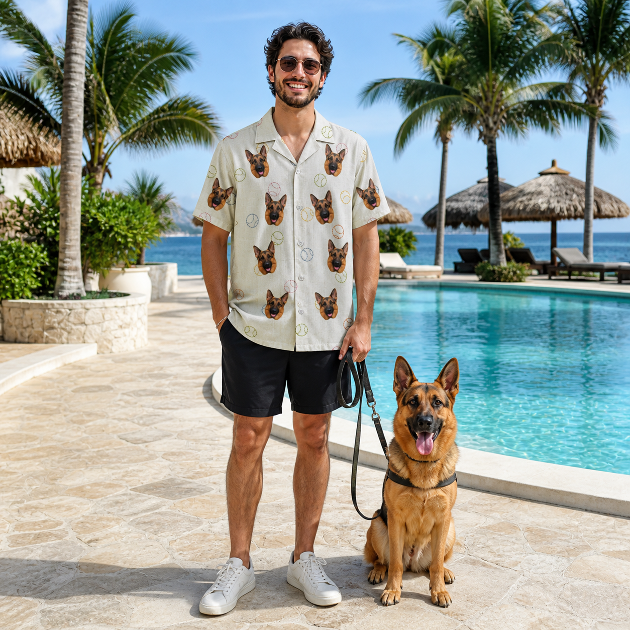 Full-length photo with the pet printed all over this Men's Rally Retrievers Custom Dog Face Hawaiian Shirt