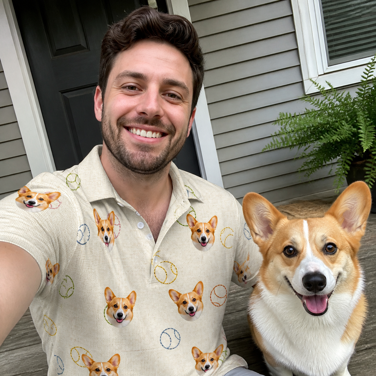 Selfie with the pet whose face is printed all over this Men's Rally Retrievers Custom Dog Face Polo Shirt