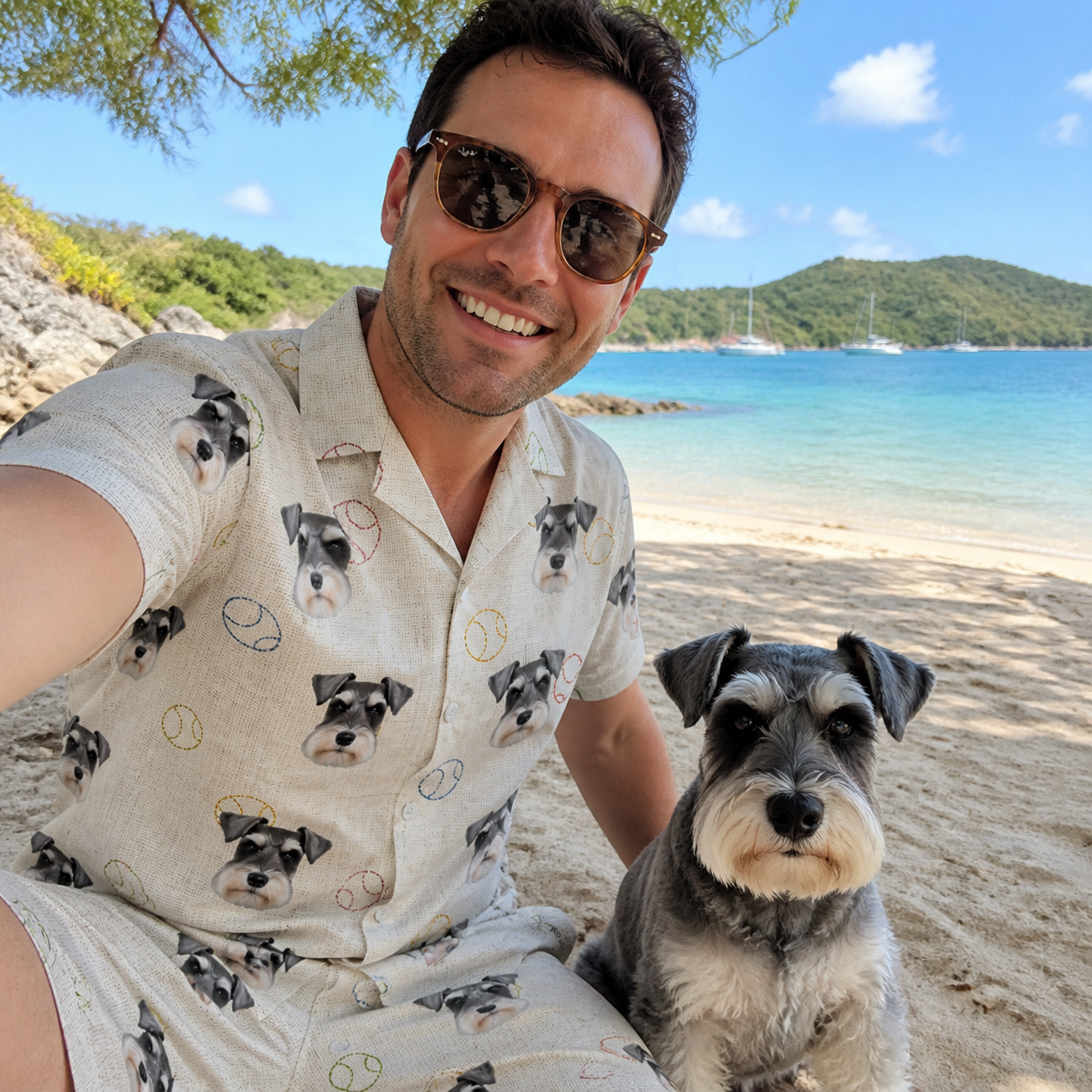 Selfie with the pet whose face is printed all over this Men's Rally Retrievers Custom Dog Face Shirt & Shorts Set