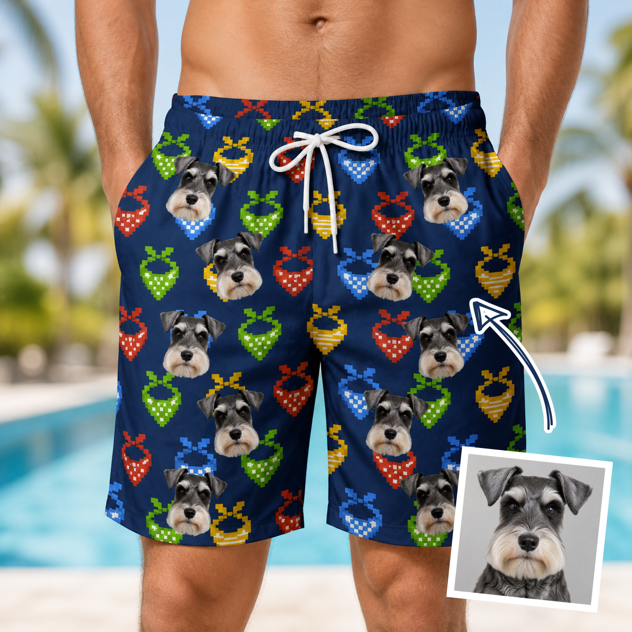 Man wearing Men's Pawsome Paisley Custom Dog Face Beach Shorts — custom faces printed all-over
