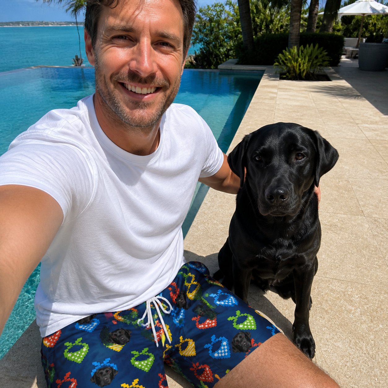 Selfie with the pet whose face is printed all over this Men's Pawsome Paisley Custom Dog Face Beach Shorts