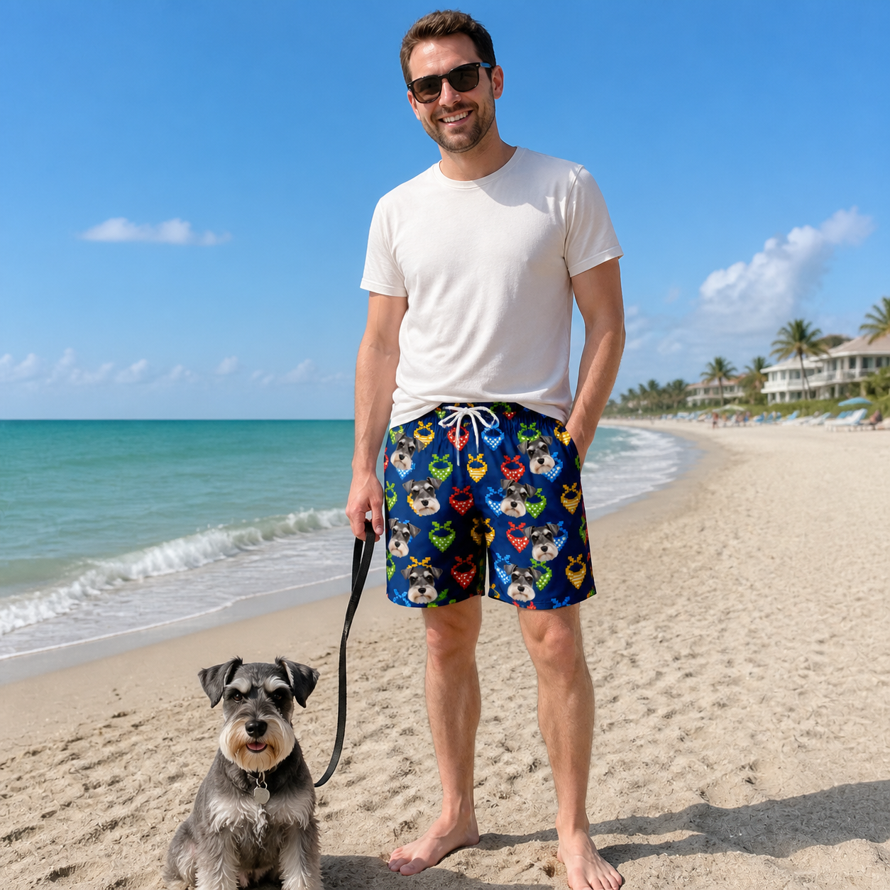 Full-length photo with the pet printed all over this Men's Pawsome Paisley Custom Dog Face Beach Shorts