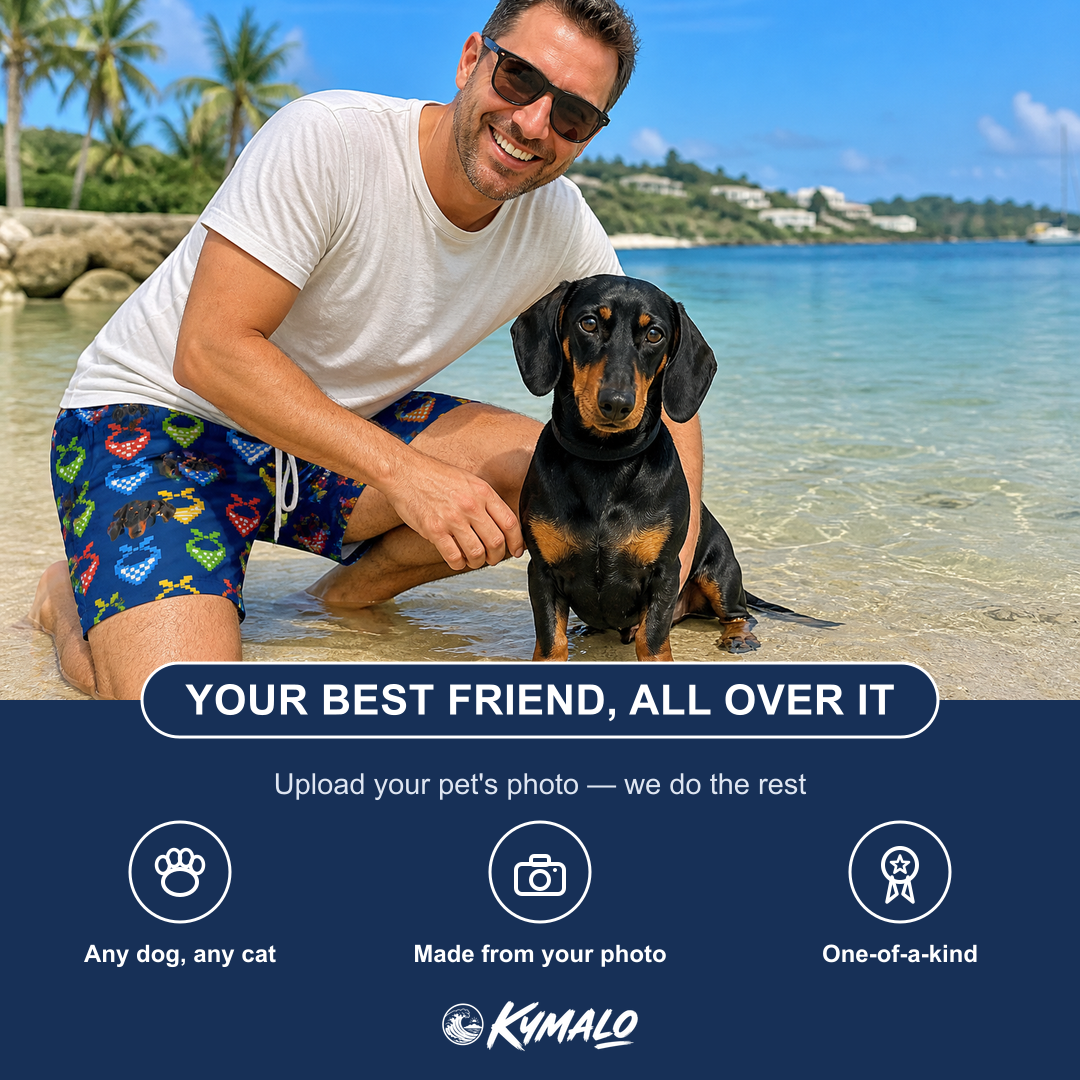 Friends in matching Men's Pawsome Paisley Custom Dog Face Beach Shorts — a group gift photo