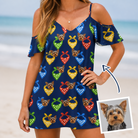 Woman wearing Women's Pawsome Paisley Custom Dog Face Off-Shoulder Dress — custom faces printed all-over