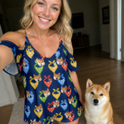 Selfie with the pet whose face is printed all over this Women's Pawsome Paisley Custom Dog Face Off-Shoulder Dress