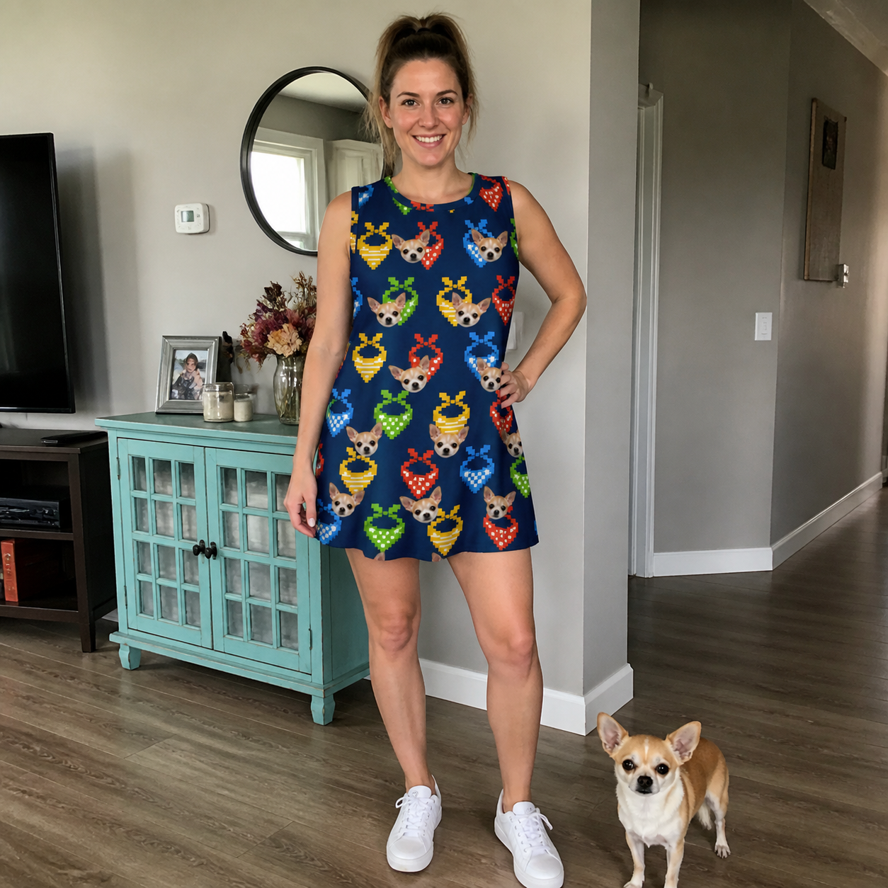 Full-length photo with the pet printed all over this Women's Pawsome Paisley Custom Dog Face Tank Dress