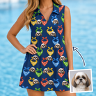 Woman wearing Women's Pawsome Paisley Custom Dog Face V-Neck Dress — custom faces printed all-over