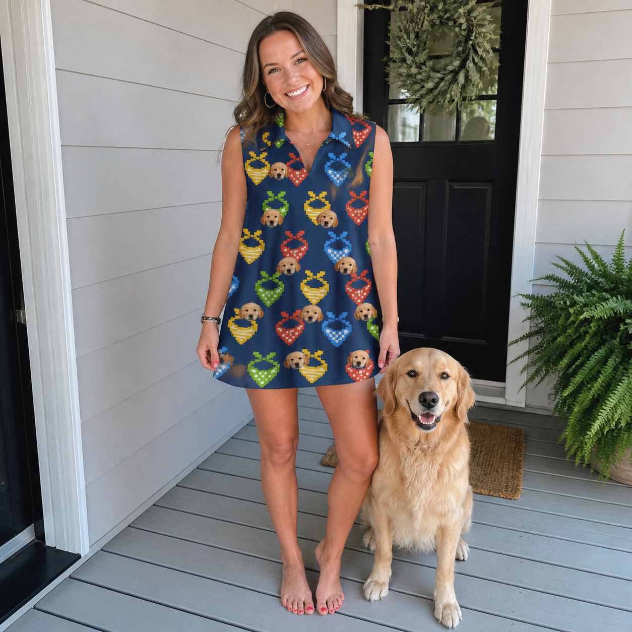 Full-length photo with the pet printed all over this Women's Pawsome Paisley Custom Dog Face V-Neck Dress