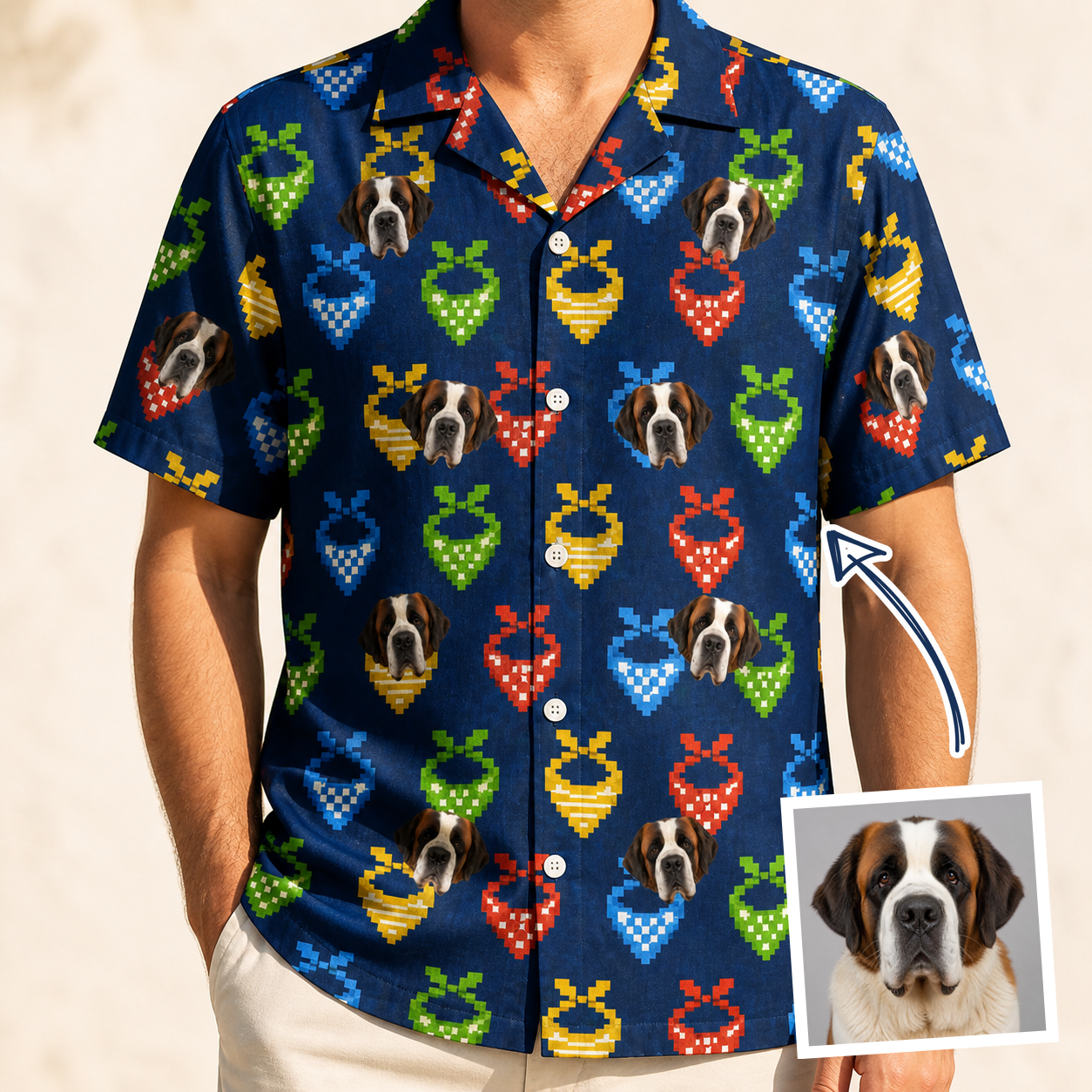 Man wearing Men's Pawsome Paisley Custom Dog Face Hawaiian Shirt — custom faces printed all-over