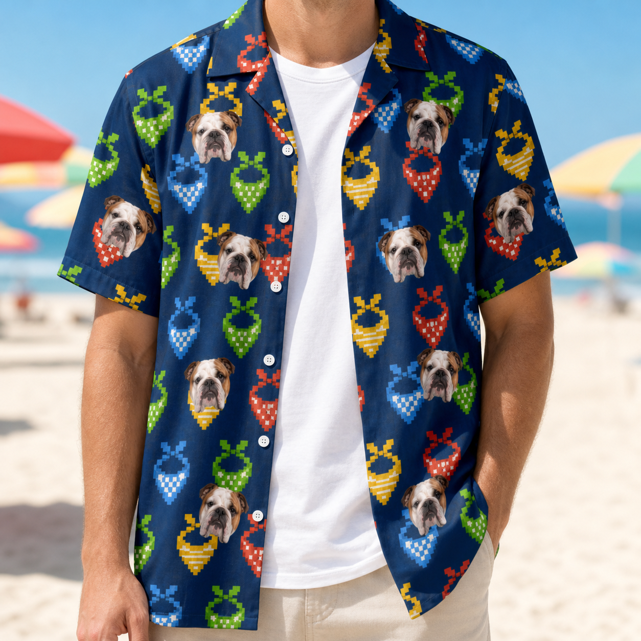 Man wearing Men's Pawsome Paisley Custom Dog Face Hawaiian Shirt open over a white tee