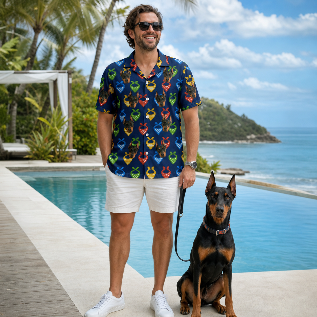 Full-length photo with the pet printed all over this Men's Pawsome Paisley Custom Dog Face Hawaiian Shirt