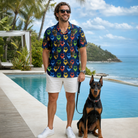Full-length photo with the pet printed all over this Men's Pawsome Paisley Custom Dog Face Hawaiian Shirt