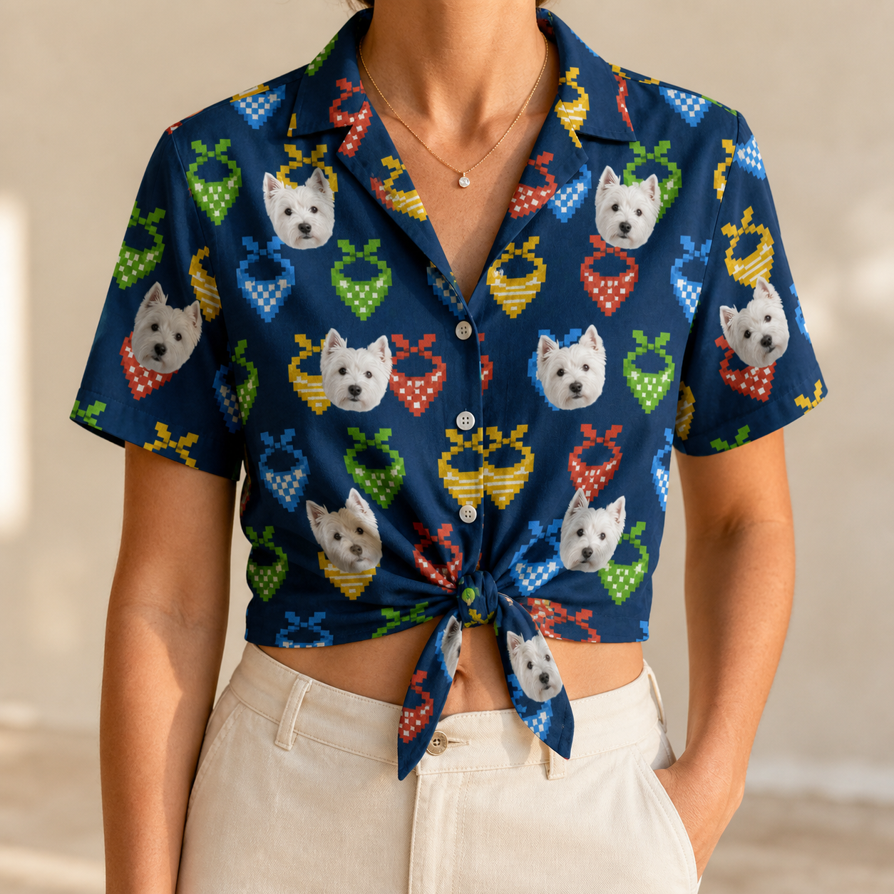 Woman wearing Women's Pawsome Paisley Custom Dog Face Hawaiian Shirt tied at the waist