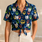 Woman wearing Women's Pawsome Paisley Custom Dog Face Hawaiian Shirt tied at the waist