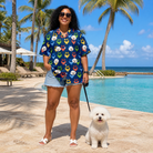 Full-length photo with the pet printed all over this Women's Pawsome Paisley Custom Dog Face Hawaiian Shirt