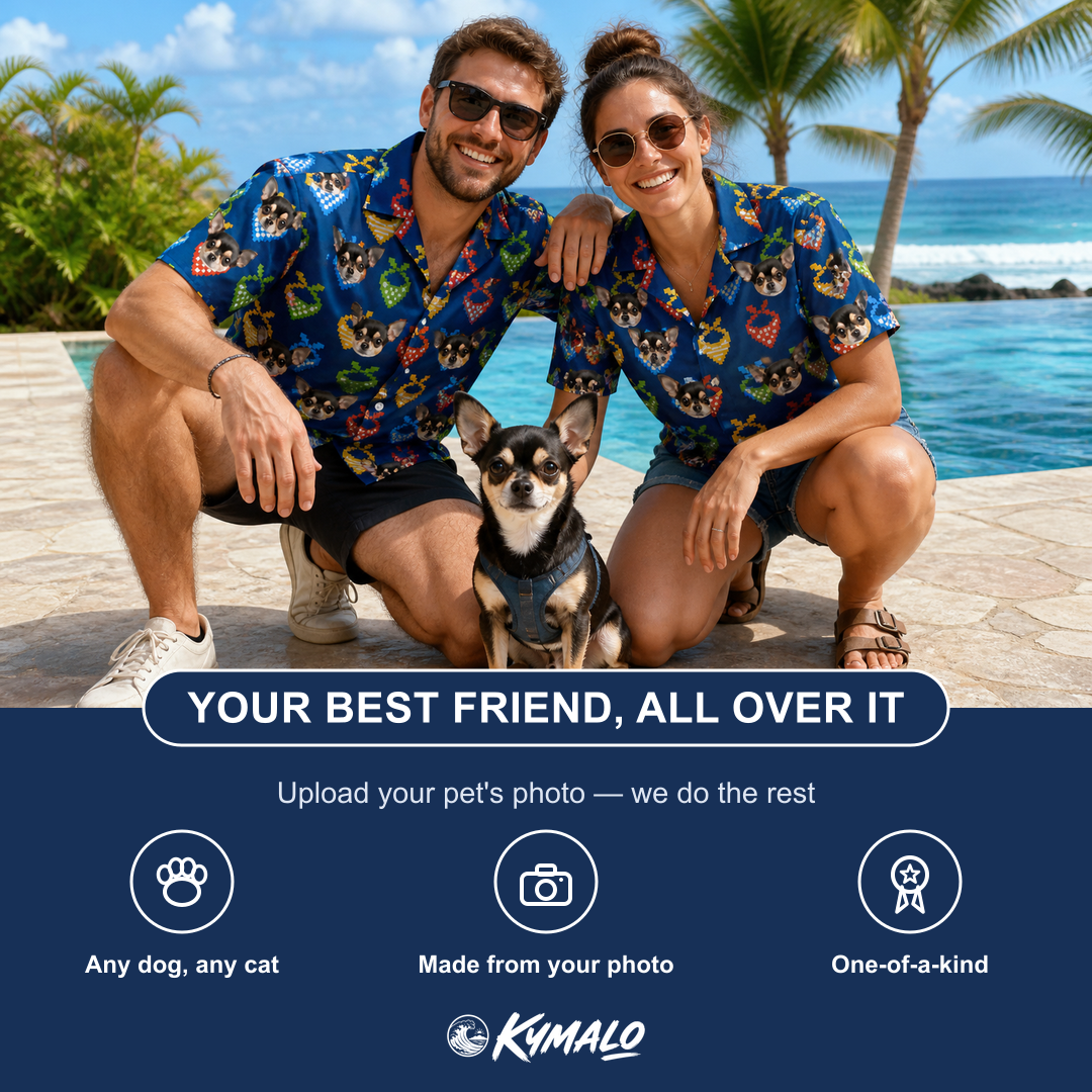 Friends in matching Women's Pawsome Paisley Custom Dog Face Hawaiian Shirt — a group gift photo
