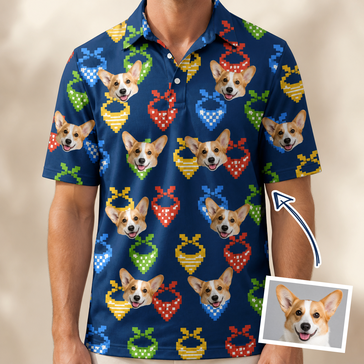 Man wearing Men's Pawsome Paisley Custom Dog Face Polo Shirt — custom faces printed all-over