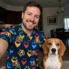 Selfie with the pet whose face is printed all over this Men's Pawsome Paisley Custom Dog Face Polo Shirt