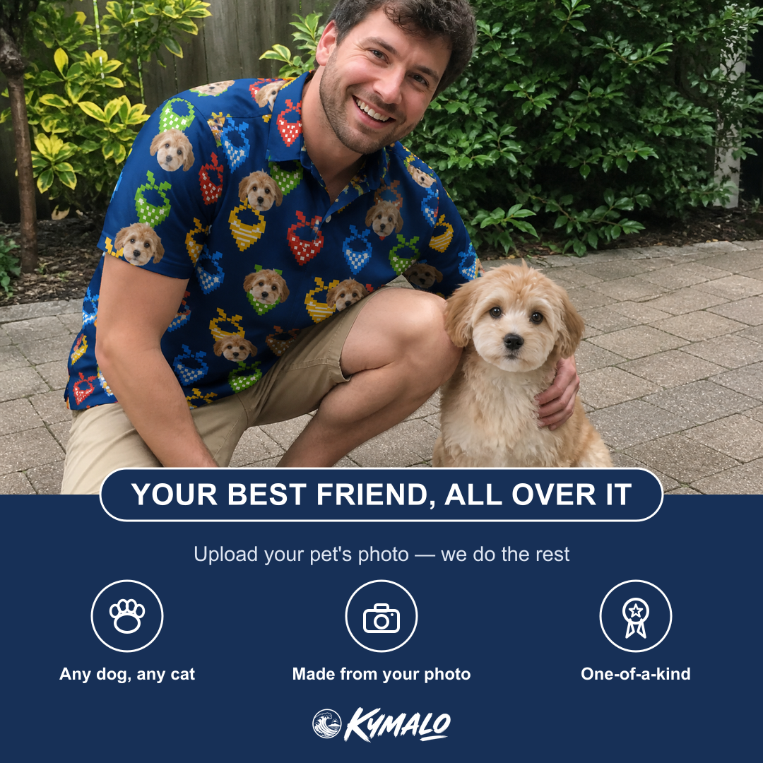 Friends in matching Men's Pawsome Paisley Custom Dog Face Polo Shirt — a group gift photo