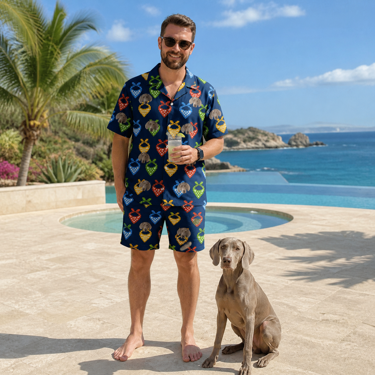 Full-length photo with the pet printed all over this Men's Pawsome Paisley Custom Dog Face Shirt & Shorts Set