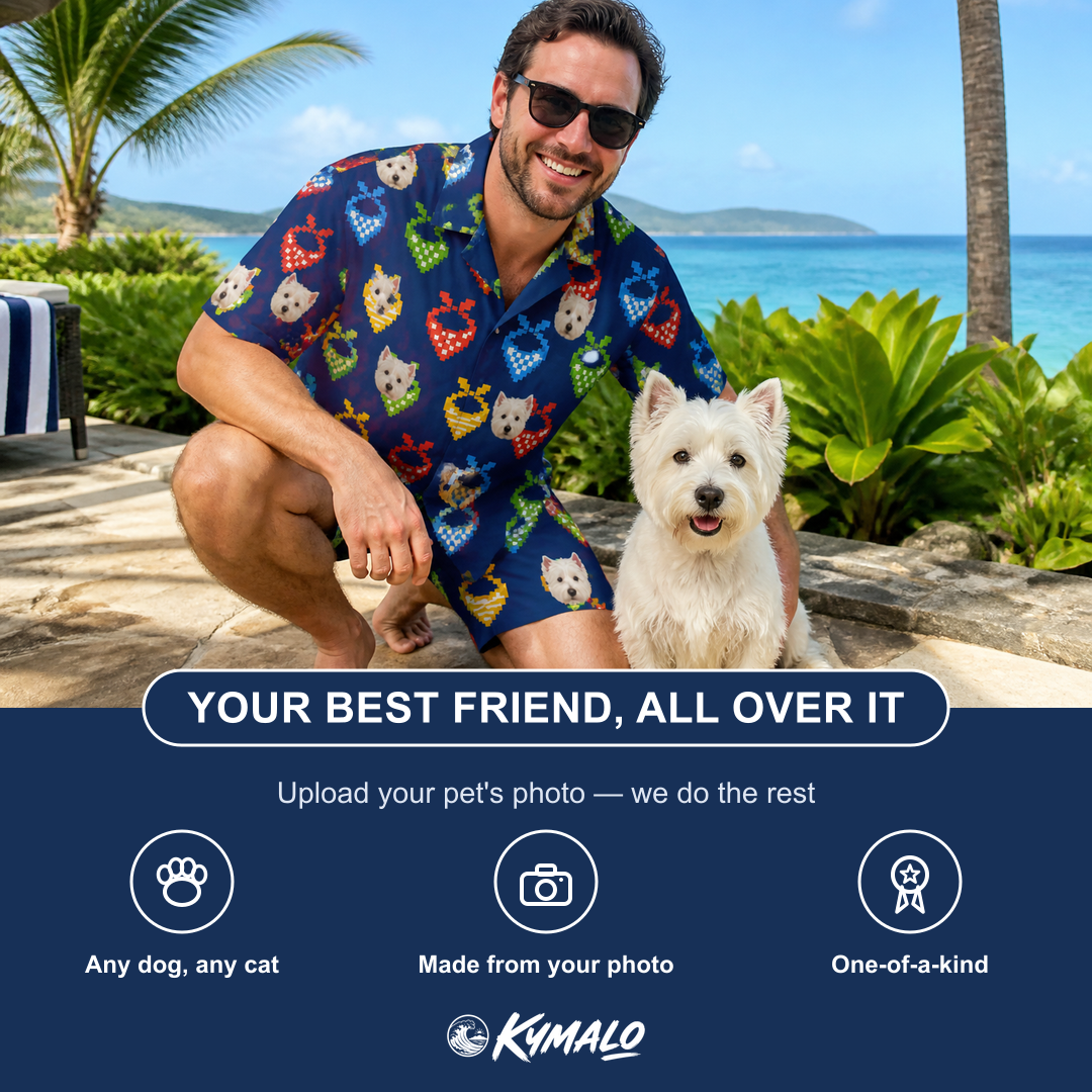 Friends in matching Men's Pawsome Paisley Custom Dog Face Shirt & Shorts Set — a group gift photo