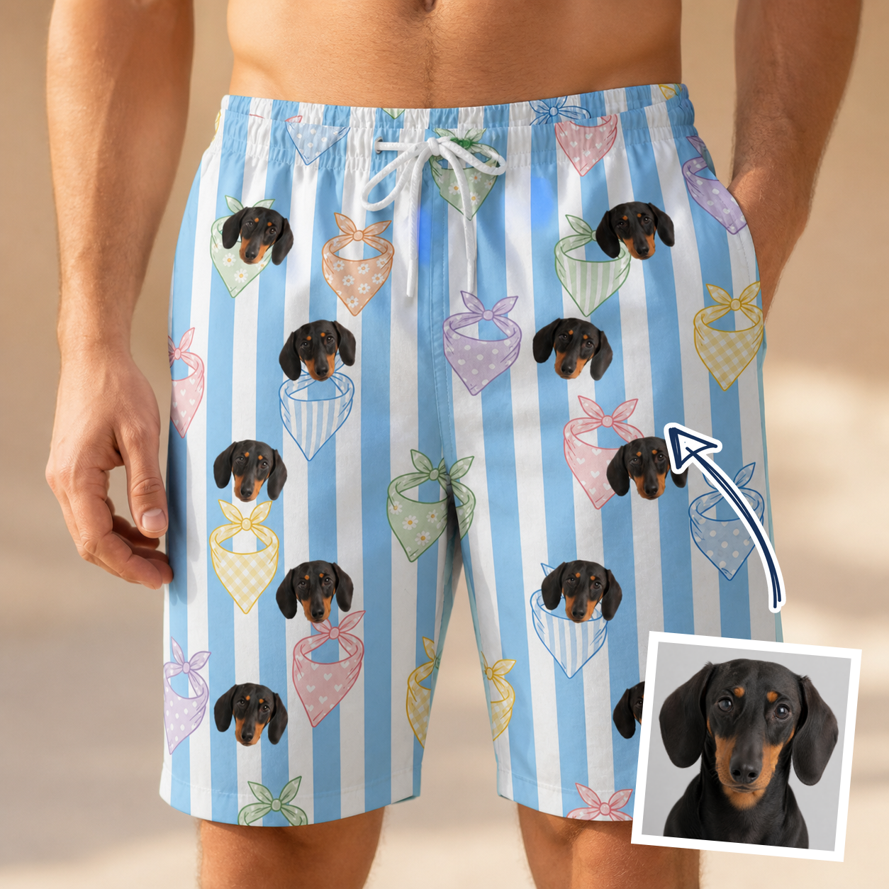 Man wearing Men's Paisley Pooches Custom Dog Face Beach Shorts — custom faces printed all-over