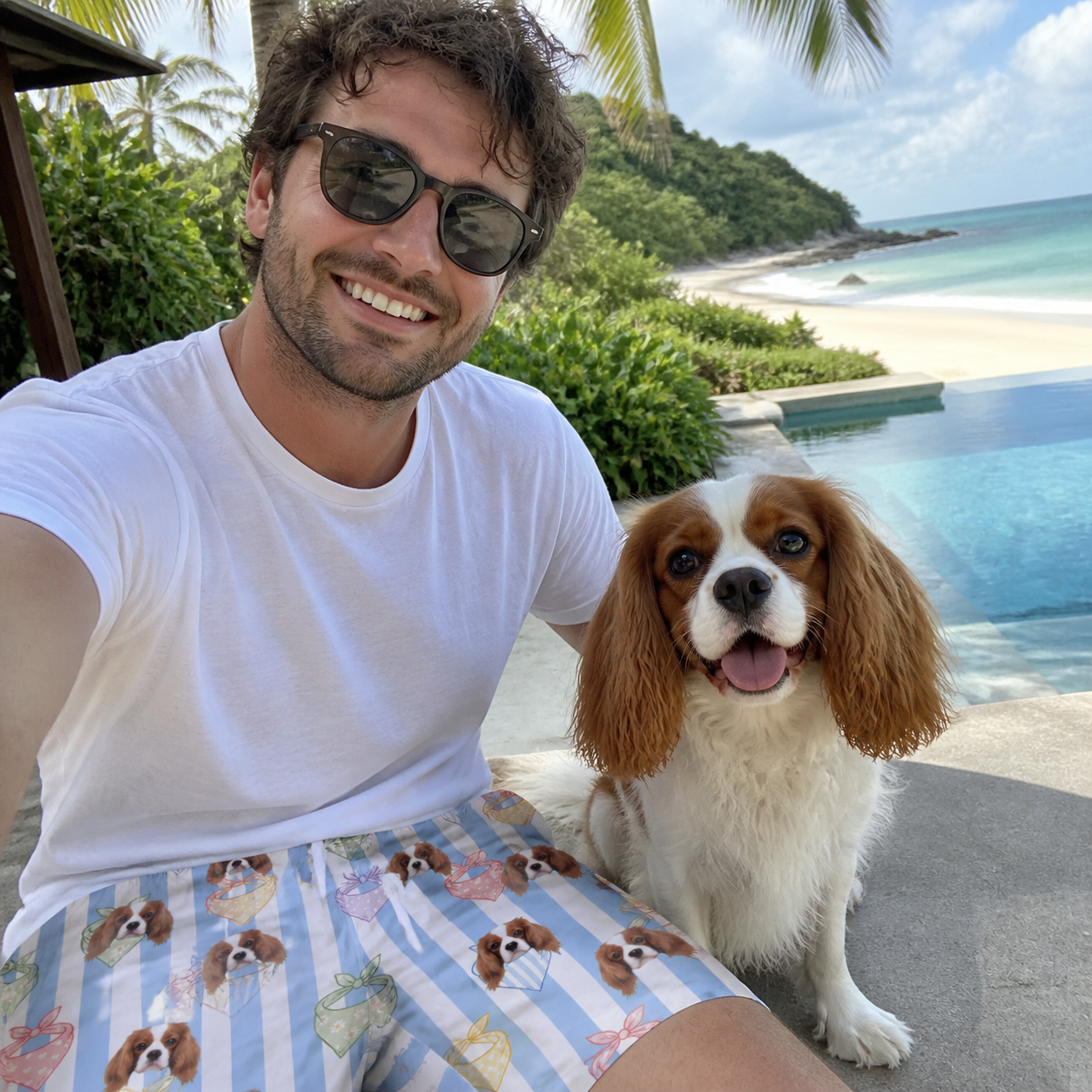 Selfie with the pet whose face is printed all over this Men's Paisley Pooches Custom Dog Face Beach Shorts