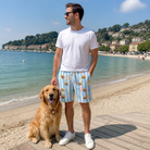 Full-length photo with the pet printed all over this Men's Paisley Pooches Custom Dog Face Beach Shorts
