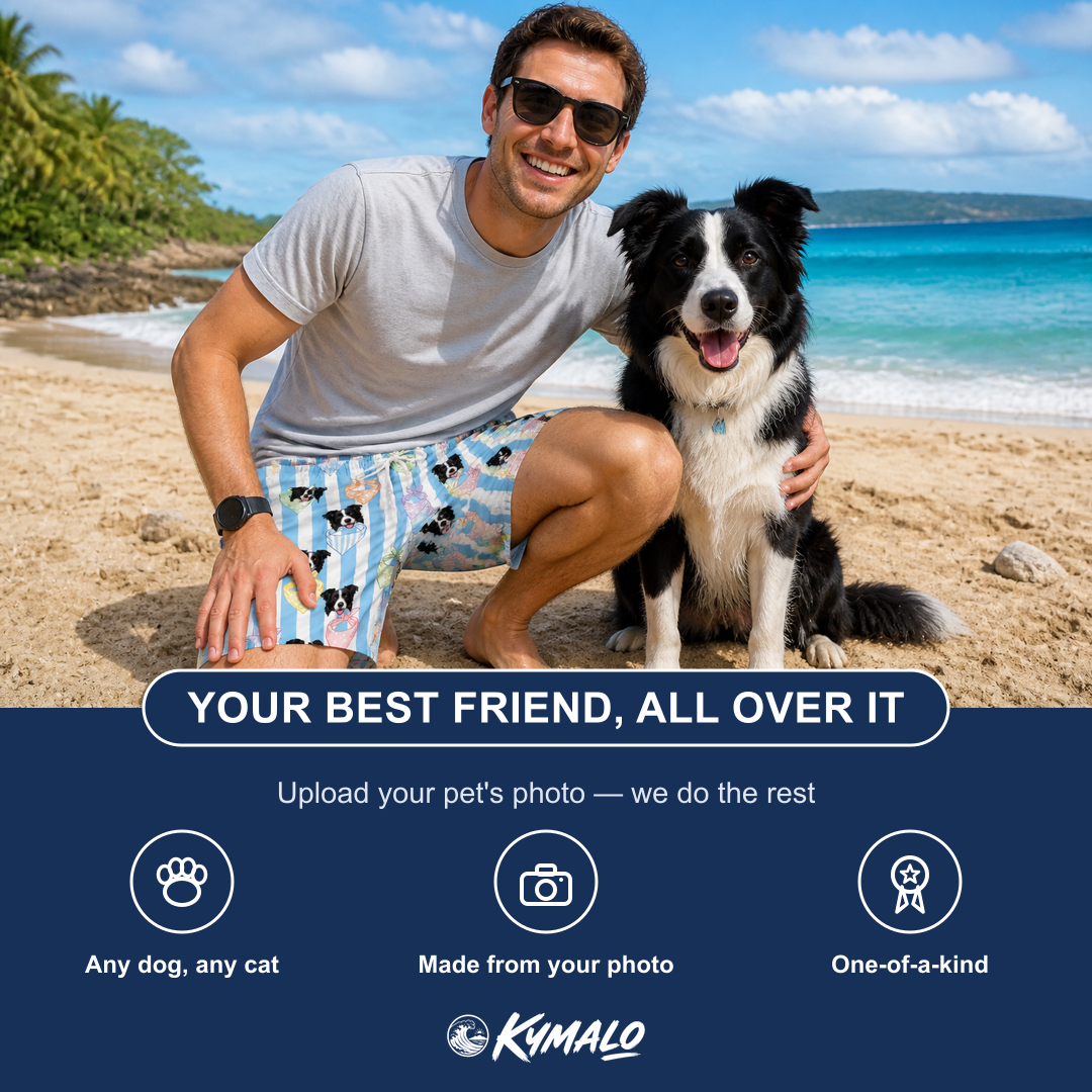 Friends in matching Men's Paisley Pooches Custom Dog Face Beach Shorts — a group gift photo