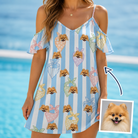 Woman wearing Women's Paisley Pooches Custom Dog Face Off-Shoulder Dress — custom faces printed all-over