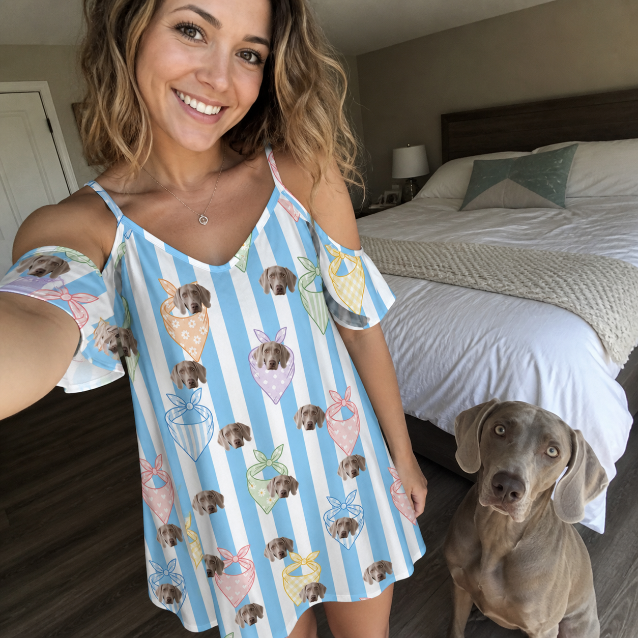 Selfie with the pet whose face is printed all over this Women's Paisley Pooches Custom Dog Face Off-Shoulder Dress